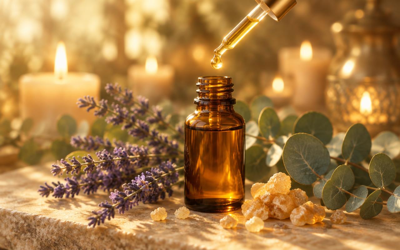 An amber essential-oil bottle with a golden drop falling from a dropper, surrounded by lavender, eucalyptus and frankincense by candlelight